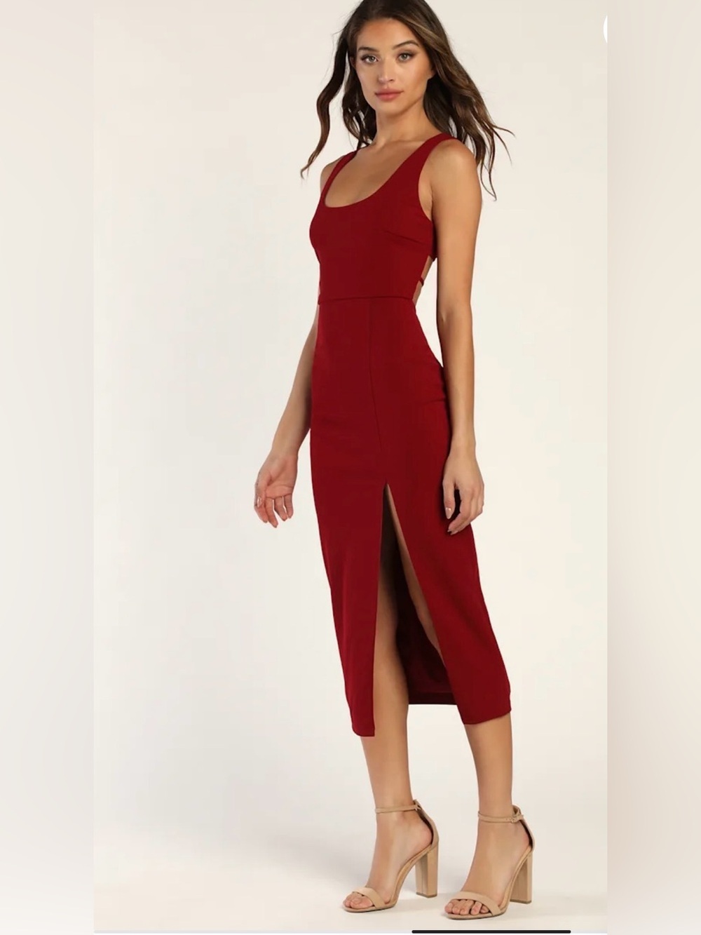 Lulus Women's Sleeveless Scoop-Neck Midi Dress in wine red. - Picture 3 of 13
